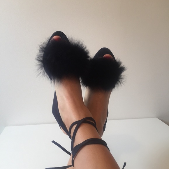 Loeffler Randall Shoes - Loeffler Randall Chunky Navy Suede Heel w Fox Fur